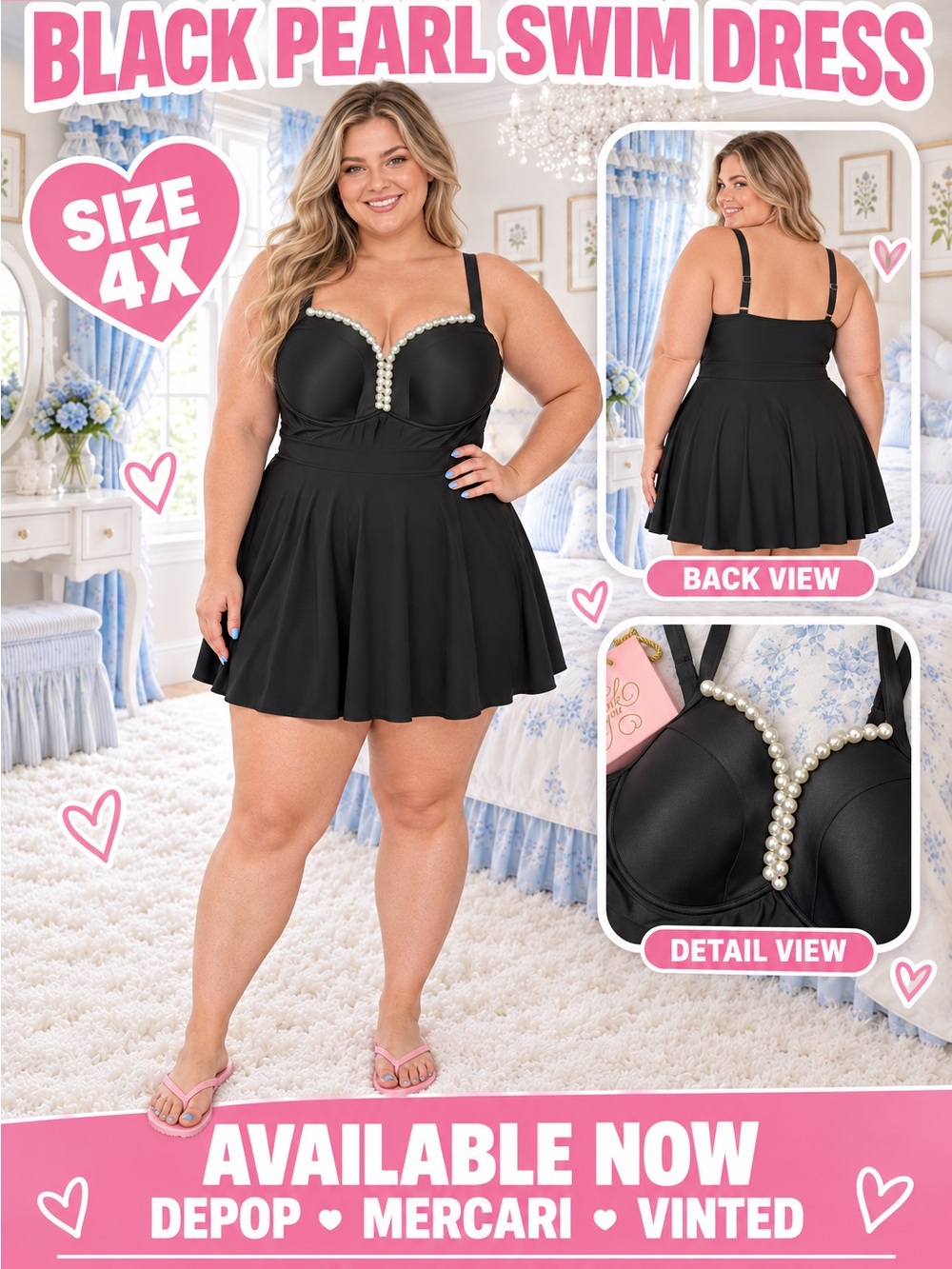 Black Pearl Swim Dress with Pearl Trim - Women’s Plus Swimwear 4X Brand New